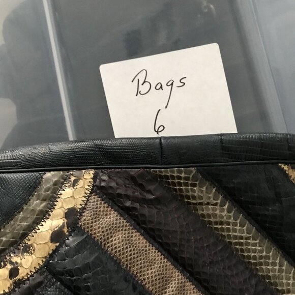 Vintage Clutch / Shoulder Envelope Bag Navy Blue & Tan Snakeskin Patchwork - Picture 10 of 10